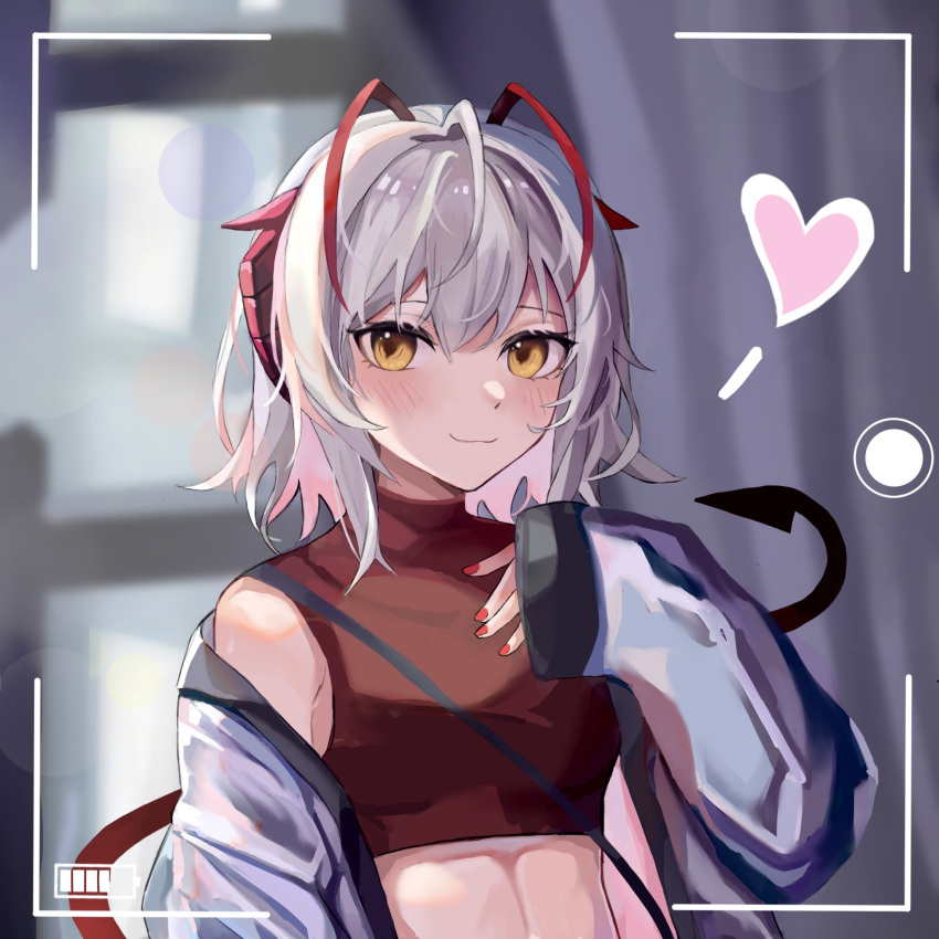 1girl, ahoge, arknights, arm_up, bangs, bare_shoulders, blurry, blurry_background