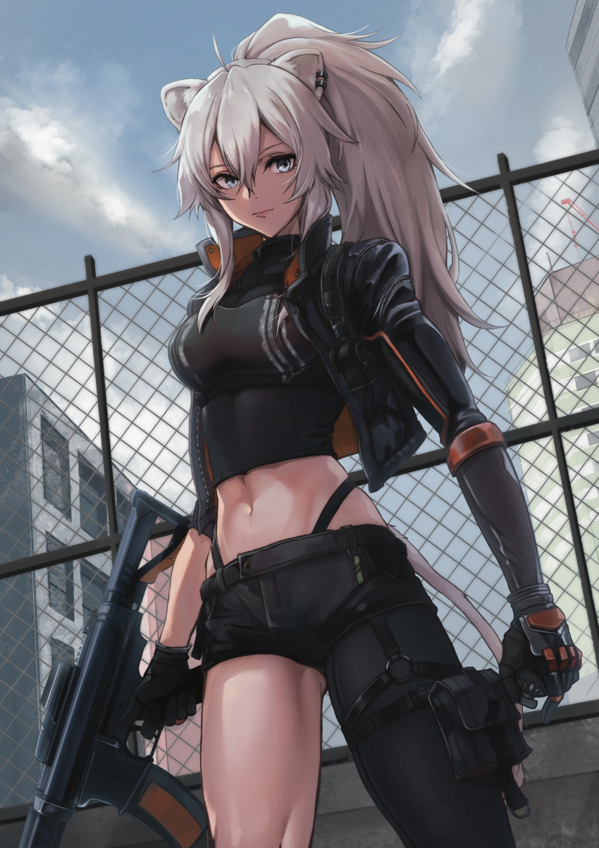 1girl, absurdres, ahoge, animal_ears, assault_rifle, asymmetrical_legwear, black_jacket, breasts