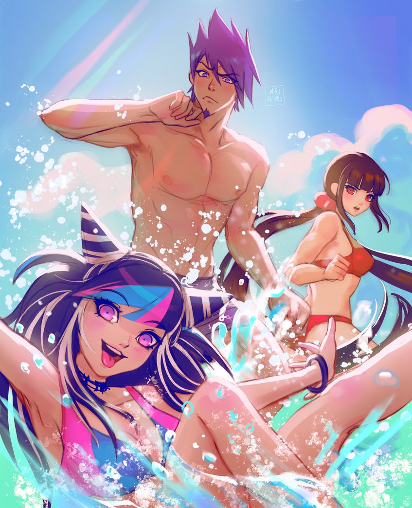 1boy, 2girls, bangs, bikini, black_hair, blunt_bangs, blush, breasts