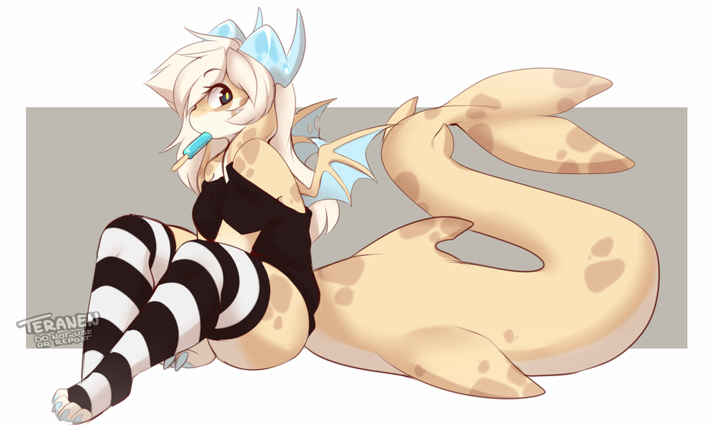 1girl, artist_name, black_legwear, black_shirt, blonde_hair, eyebrows_visible_through_hair, fish_tail, food