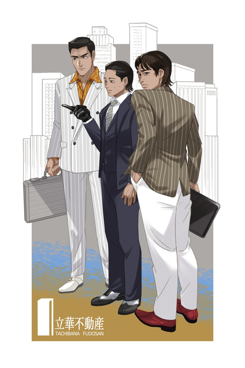 1980s_(style), absurdres, black_footwear, black_gloves, black_jacket, black_pants, blue_eyes, briefcase