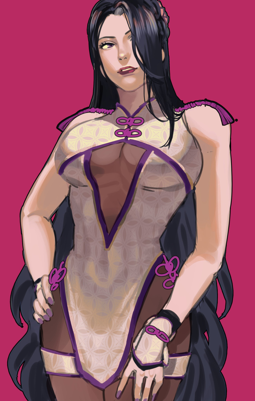 1girl, absurdres, black_hair, bodystocking, breasts, china_dress, chinese_clothes, dress