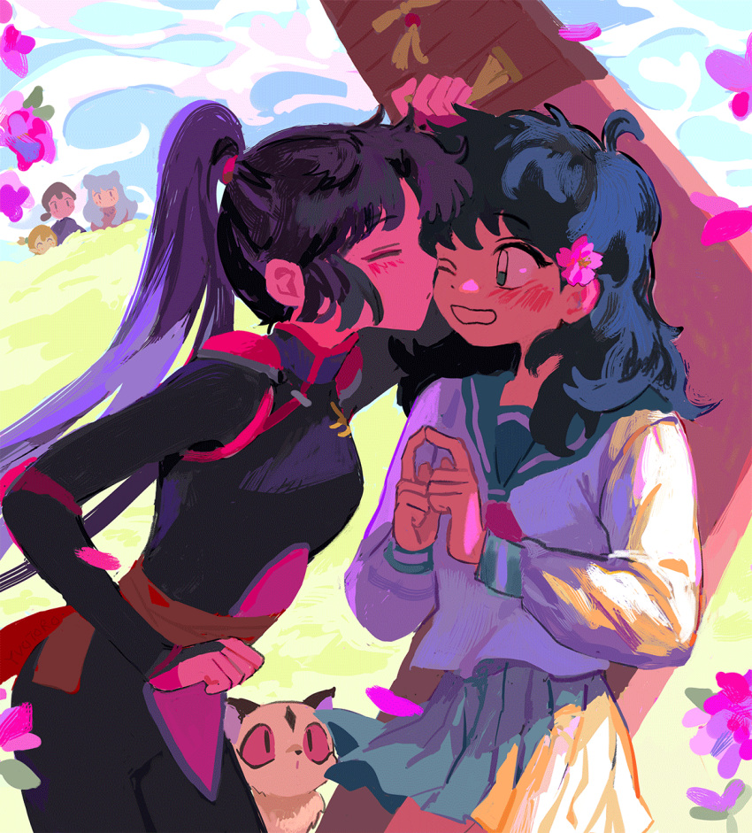 2girls, 3boys, animal, animal_ears, bead_necklace, beads, black_hair, blush, bodysuit, boomerang, cheek_kiss, closed_eyes, dog_ears, elbow_pads, flower, green_eyes, green_sailor_collar, green_skirt, hair_flower, hair_ornament, highres, higurashi_kagome, hiraikotsu, index_fingers_together, inuyasha, inuyasha_(character), japanese_clothes, jewelry, kirara_(inuyasha), kiss, long_hair, looking_at_another, low-tied_long_hair, medium_hair, miroku_(inuyasha), multiple_boys, multiple_girls, necklace, one_eye_closed, pearl_necklace, ponytail, sailor_collar, sango, shippou_(inuyasha), short_ponytail, shoulder_pads, skirt, totorolls, watching, wavy_mouth, yuri