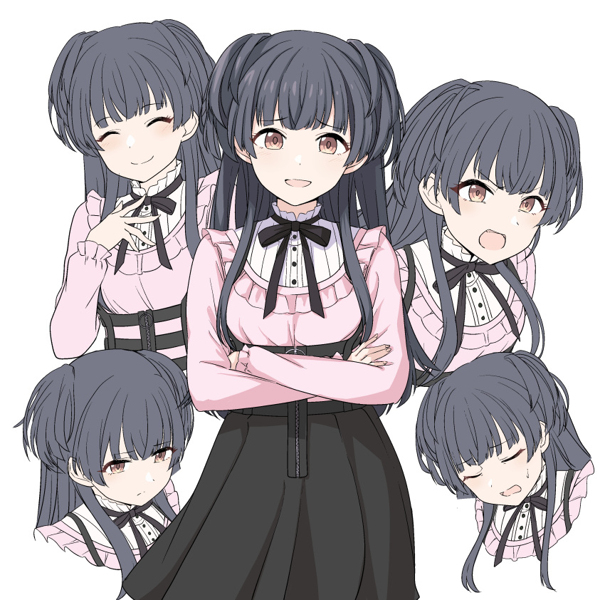 1girl, absurdres, black_hair, black_skirt, blush, brown_eyes, closed_eyes, closed_mouth