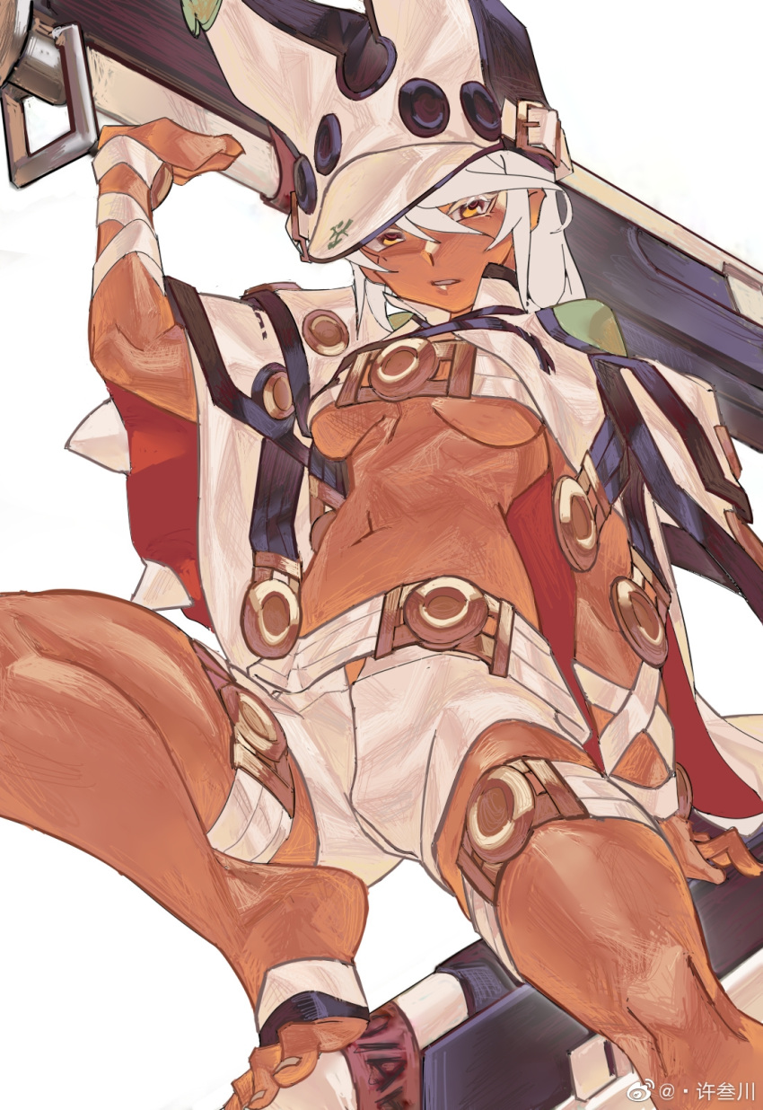 1girl, barefoot, belt, beltbra, breasts, cape, clover, dark-skinned_female, dark_skin, floating, floating_object, floating_sword, floating_weapon, four-leaf_clover, guilty_gear, guilty_gear_xrd, hair_between_eyes, hand_wraps, hat, highres, huge_weapon, long_hair, looking_at_viewer, loose_belt, medium_breasts, navel, orange_eyes, platinum_blonde_hair, ramlethal_valentine, short_shorts, shorts, solo, sword, thigh_strap, toenails, toes, under_boob, weapon, white_background, white_cape, white_shorts, xu_sanchuan