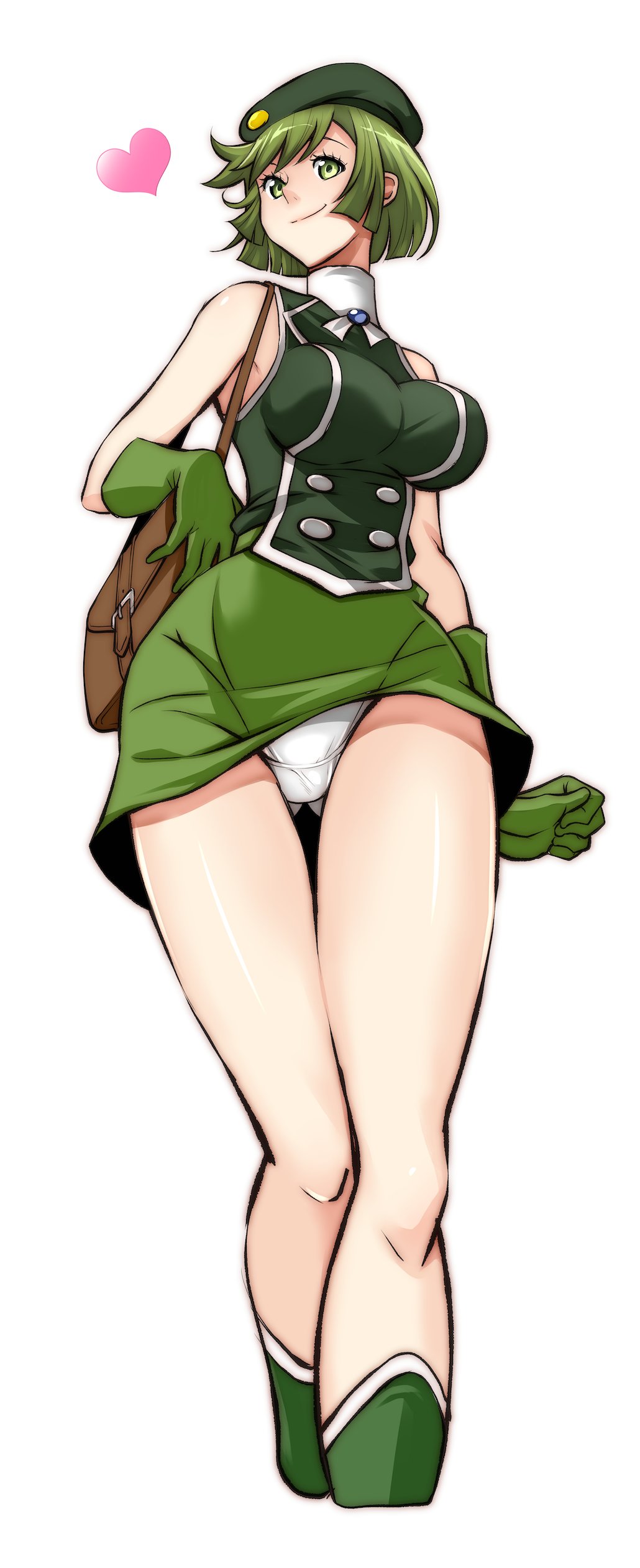 1girl, absurdres, ass_visible_through_thighs, bag, bangs, beret, blouse, bob_cut, boots, breasts, brooch, carrying, closed_mouth, commentary, cropped_legs, crotch_seam, cutie_honey, gloves, green_blouse, green_eyes, green_footwear, green_gloves, green_hair, green_headwear, green_skirt, handbag, hat, heart, highres, idol_honey, itachou, jewelry, kisaragi_honey, large_breasts, looking_at_viewer, miniskirt, panties, pantylines, pantyshot, short_hair, simple_background, skirt, sleeveless_blouse, smile, solo, standing, thigh_gap, turtleneck, underwear, white_background, white_panties, wind, wind_lift