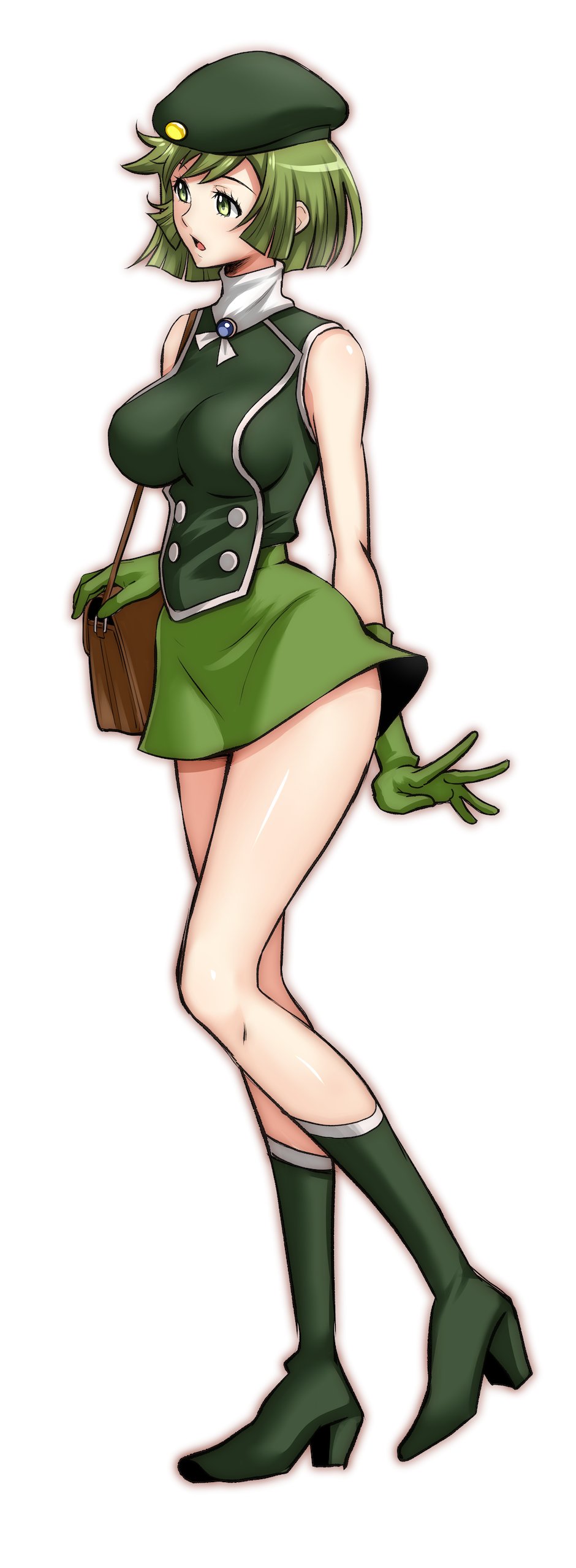 1girl, absurdres, bag, bangs, beret, blouse, bob_cut, boots, breasts, brooch, carrying, cutie_honey, full_body, gloves, green_blouse, green_eyes, green_footwear, green_gloves, green_hair, green_headwear, green_skirt, handbag, hat, heel_up, high_heel_boots, high_heels, highres, idol_honey, itachou, jewelry, kisaragi_honey, large_breasts, looking_to_the_side, miniskirt, open_mouth, short_hair, simple_background, skirt, sleeveless_blouse, solo, standing, turtleneck, white_background
