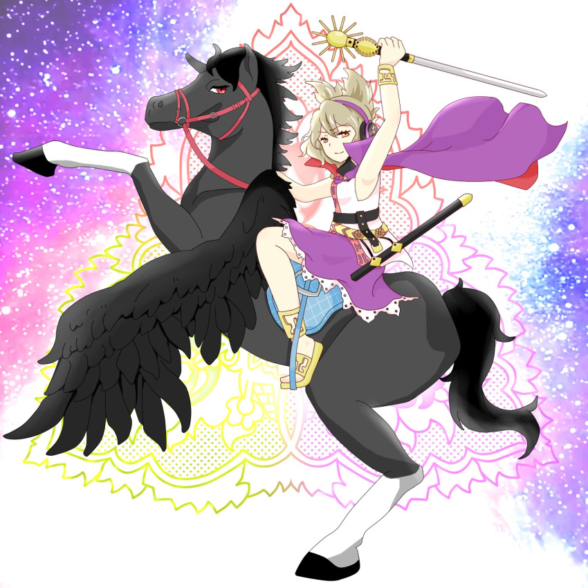 anklet, artist_request, bangs, belt, black_belt, bracelet, breasts, cape