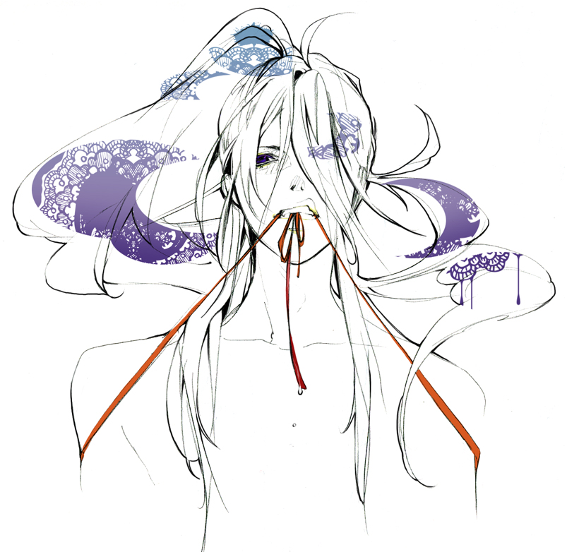 lips, long_hair, male, ponytail, red_string, ribbon, saaya_(sugisan1119), vocaloid