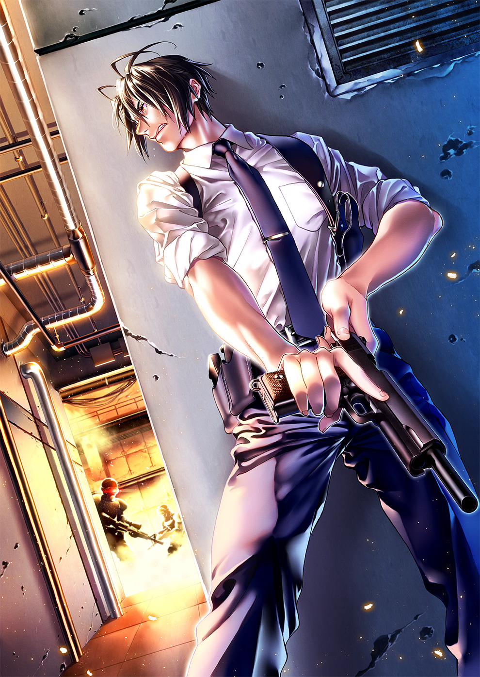 black_hair, clenched_teeth, cover, final_fantasy, final_fantasy_vii, firefight, formal, gun