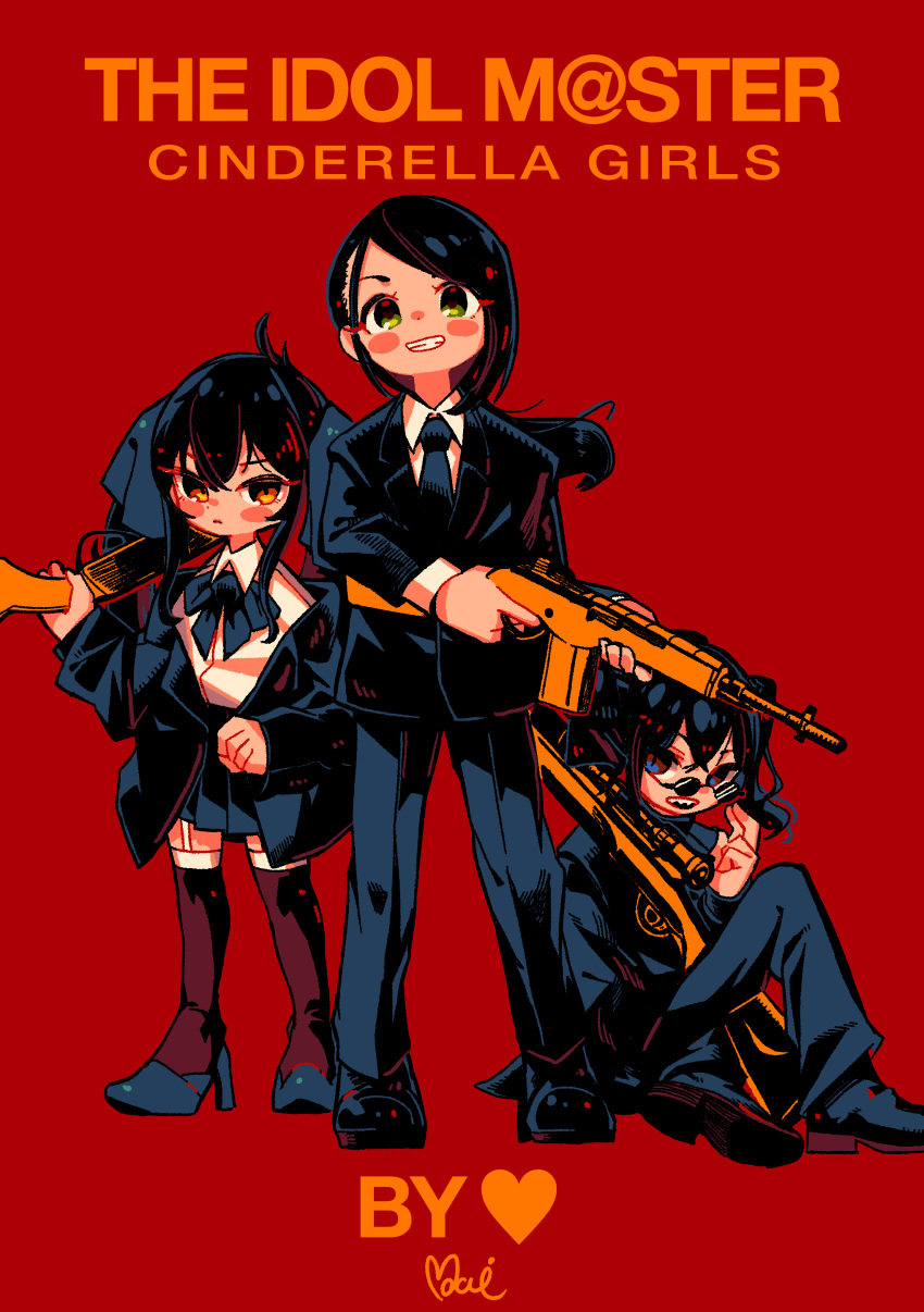 3girls, absurdres, black_footwear, black_hair, black_jacket, black_neckwear, black_pants, black_ribbon, blue_eyes, blush, brown_eyes, green_eyes, gun, hair_ribbon, heart, high_heels, highres, holding, holding_gun, holding_weapon, idolmaster, idolmaster_cinderella_girls, jacket, long_hair, looking_over_eyewear, matoba_risa, moai_(more_e_4km), multiple_girls, necktie, open_mouth, pants, parted_lips, ponytail, red_background, ribbon, shirt, shoes, signature, simple_background, smile, sunazuka_akira, sunglasses, weapon, white_shirt, yamato_aki