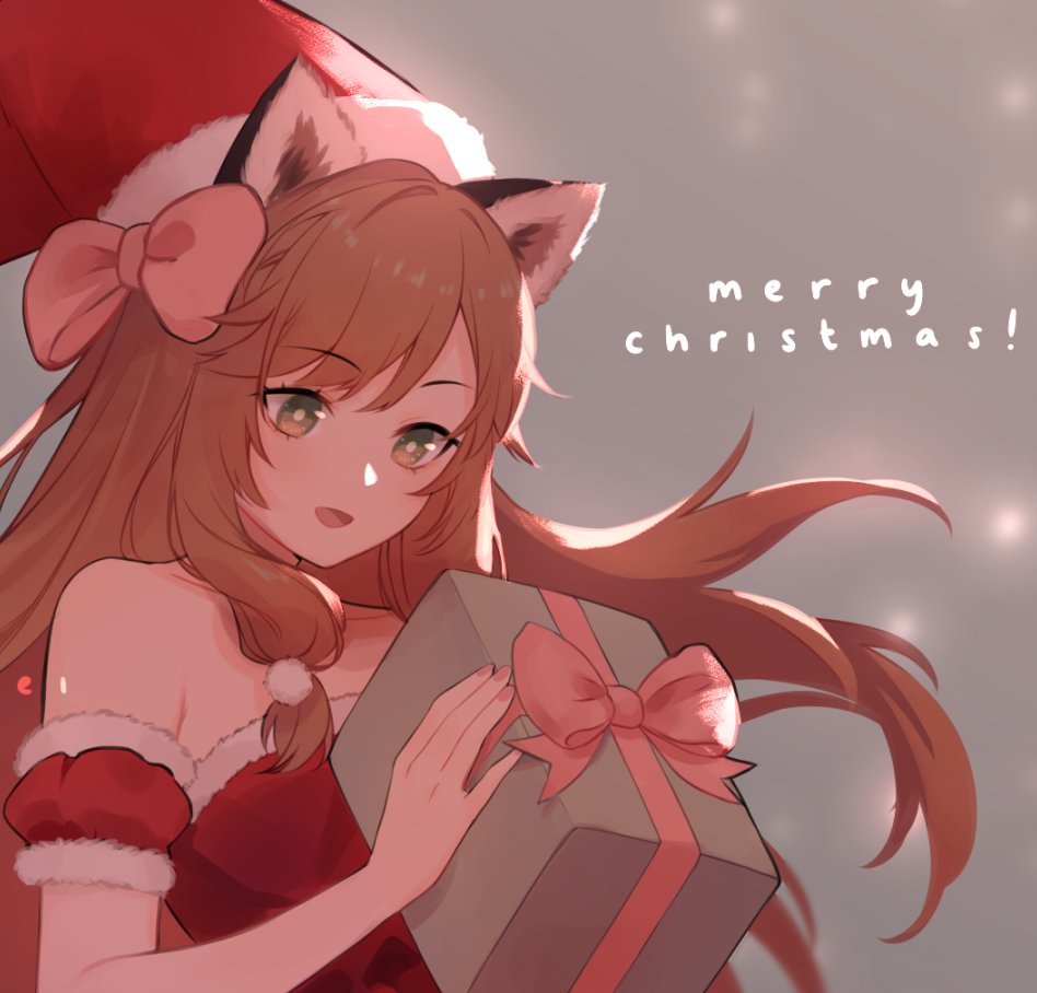 1girl, artist_name, blurry, blurry_background, bow_legwear, box, brown_hair, christmas