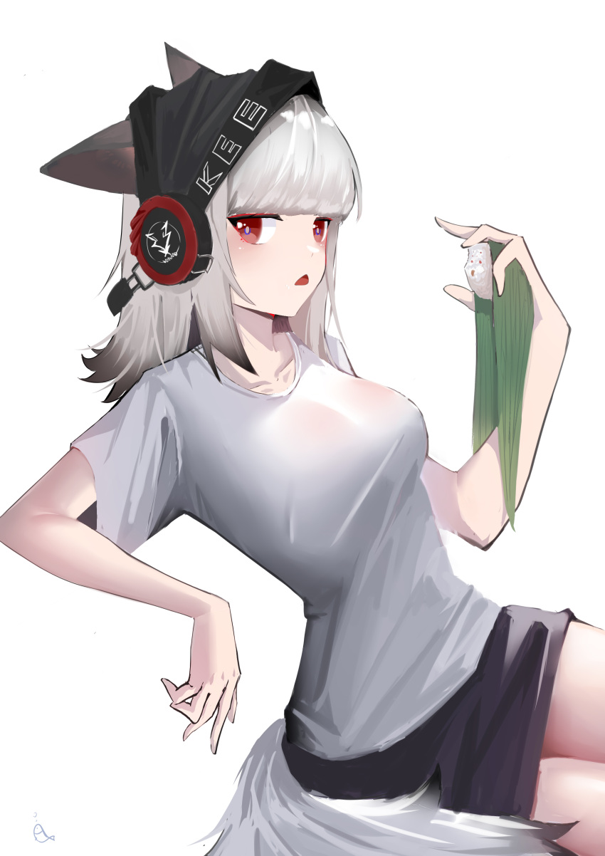 1girl, a_yu_(2932120331), absurdres, animal_ears, arknights, bangs, black_headwear, black_skirt, breasts, commentary_request, fox_ears, fox_tail, frostleaf_(arknights), grey_shirt, highres, holding, long_hair, looking_at_viewer, medium_breasts, miniskirt, open_mouth, partial_commentary, pencil_skirt, red_eyes, shirt, short_sleeves, silver_hair, simple_background, sitting, skirt, solo, tail, white_background
