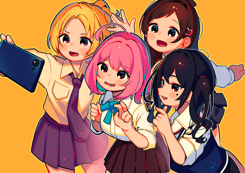 4girls, absurdres, aqua_neckwear, bangs, black_hair, black_skirt, blonde_hair, bow