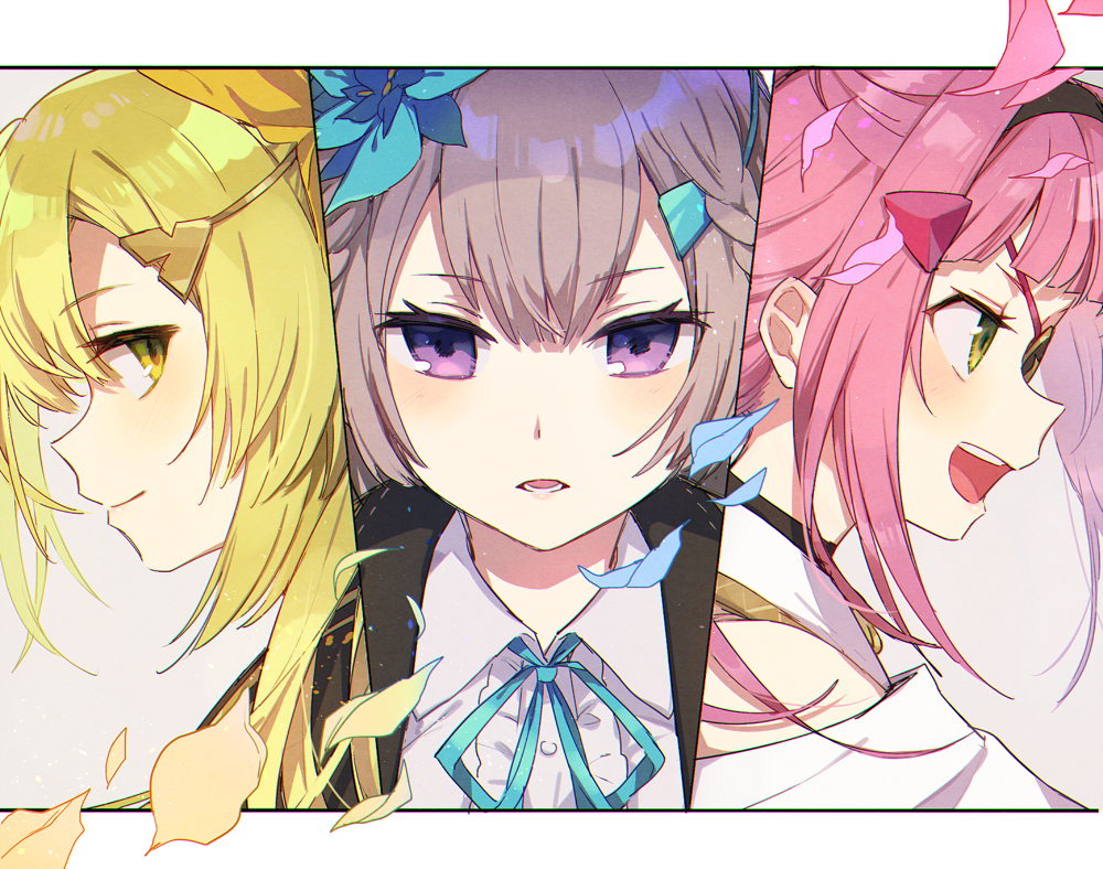 3girls, aqua_flower, aqua_ribbon, asymmetrical_hair, bangs, bare_shoulders, beige_background, black_hairband