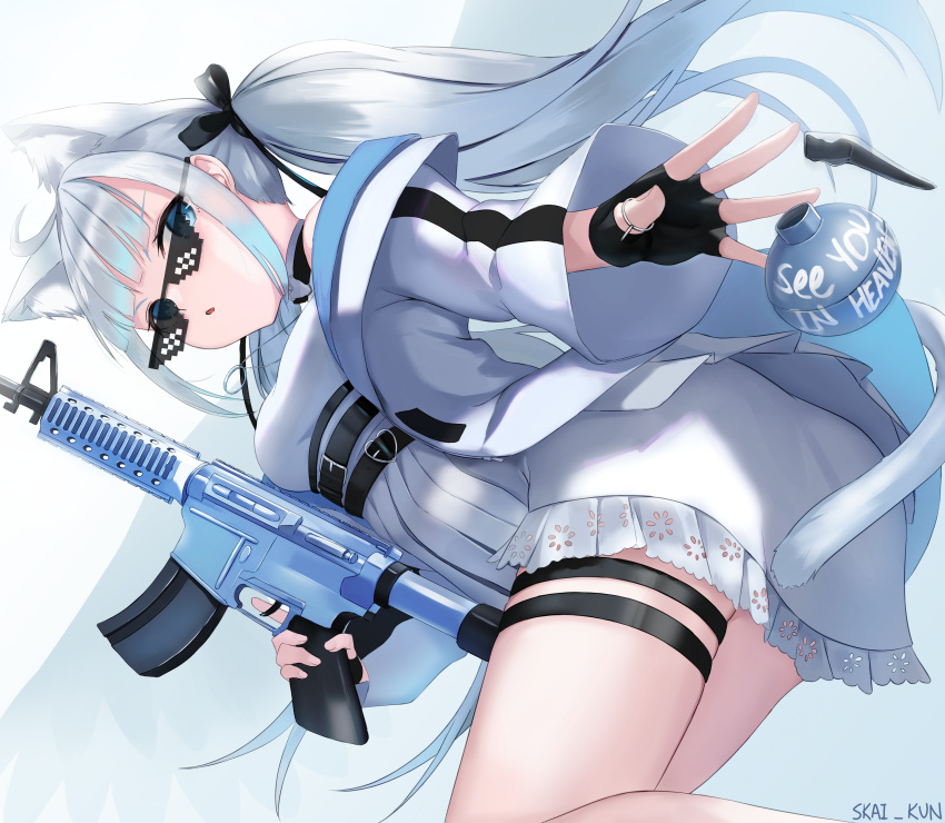 1girl, absurdres, ahoge, amatsuka_uto, animal_ears, artist_name, assault_rifle, blue_eyes
