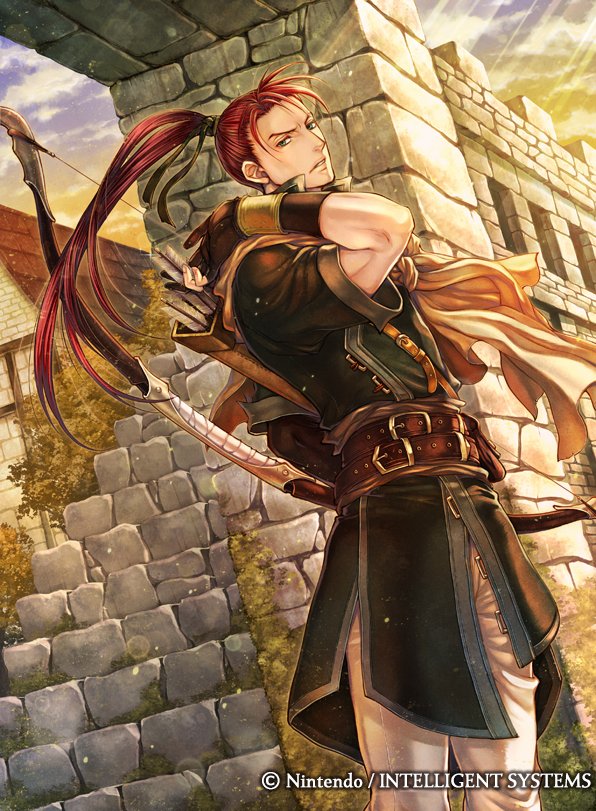 1boy, armor, arrow_(projectile), bow_(weapon), company_name, fire_emblem, fire_emblem_cipher, gloves