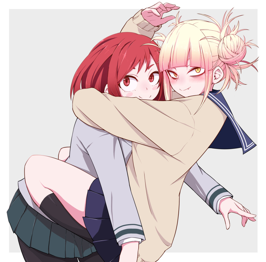 2girls, bangs, black_legwear, blonde_hair, blue_skirt, blunt_bangs, boku_no_hero_academia, brown_eyes, brown_hair, closed_mouth, commentary_request, green_skirt, grey_background, highres, hug, long_hair, long_sleeves, looking_at_viewer, multiple_girls, okumari, pantyhose, pleated_skirt, school_uniform, short_hair, simple_background, skirt, smile, toga_himiko, uraraka_ochako, yellow_eyes