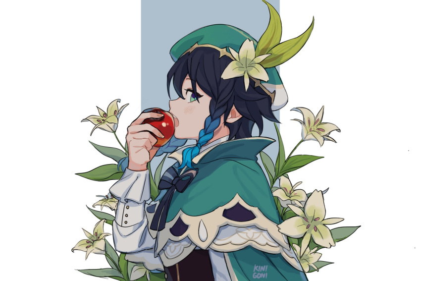 1boy, androgynous, apple, bangs, beret, black_hair, blue_hair, bow