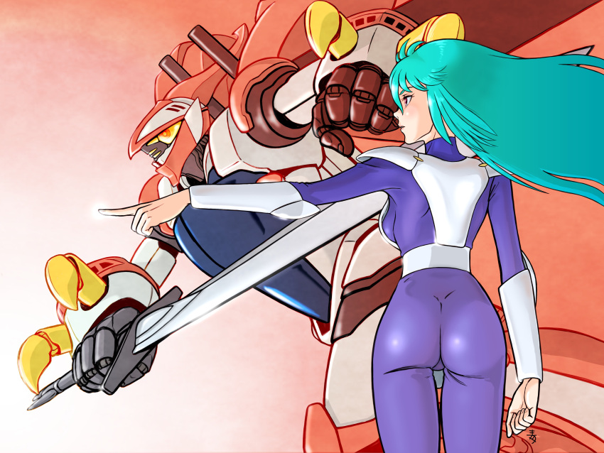1girl, absurdres, aobito_sukayaka_bystander, aqua_hair, ass, back, billbine, bodysuit