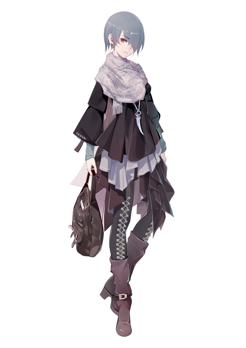 1girl, absurdres, bag, bangs, boots, brown_bag, brown_footwear, casual
