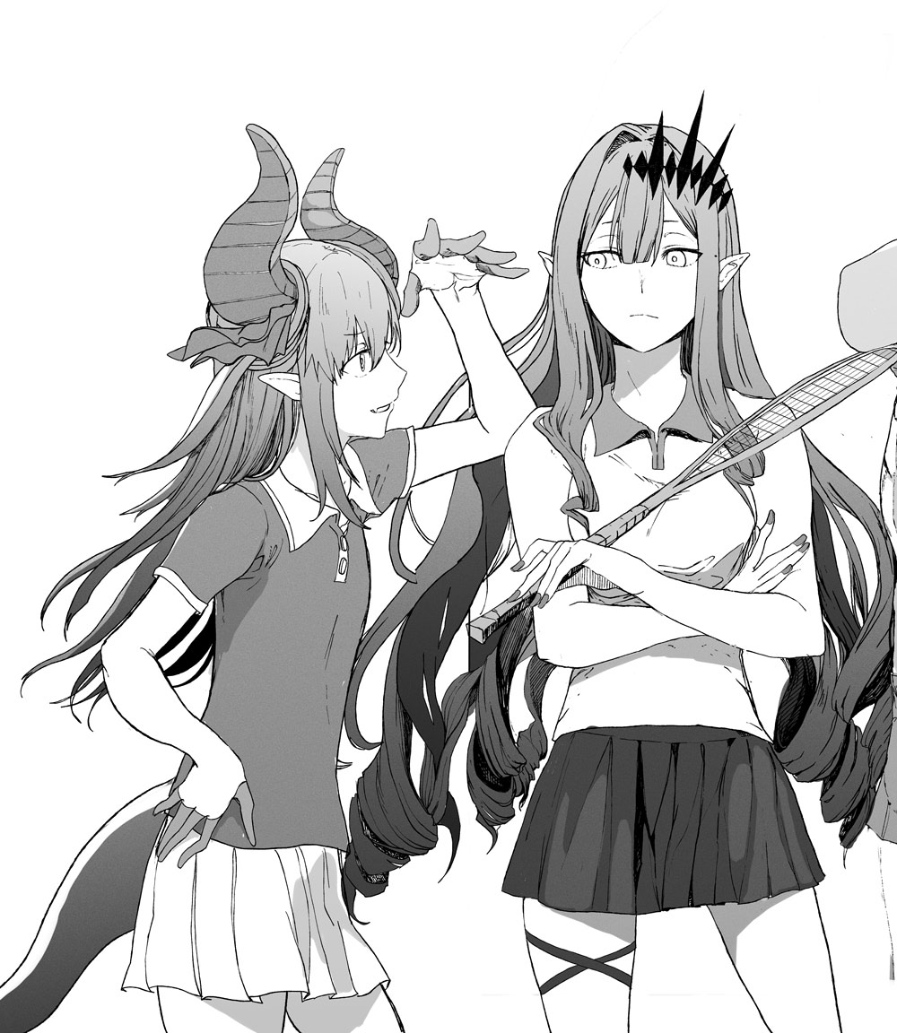 3girls, asymmetrical_horns, bangs, breasts, circlet, curled_horns, dragon_girl, dragon_horns, dragon_tail, earrings, elizabeth_bathory_(fate), elizabeth_bathory_(fate)_(all), fate/extra, fate/grand_order, fate_(series), greyscale, hair_ribbon, horns, jewelry, long_hair, looking_at_viewer, looking_to_the_side, medium_breasts, monochrome, multiple_girls, out_of_frame, pointy_ears, racket, ribbon, shirt, short_sleeves, sidelocks, skirt, sleeveless, sleeveless_shirt, small_breasts, smile, syatey, tail, tennis_racket, thighs, tristan_(fairy_knight)_(fate)