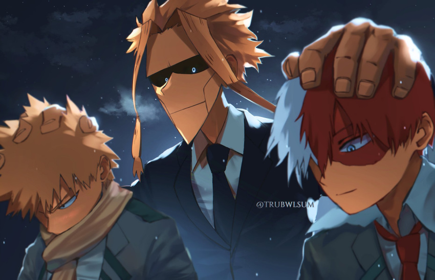 3boys, bakugou_katsuki, bangs, black_jacket, black_sclera, blonde_hair, blue_eyes, boku_no_hero_academia