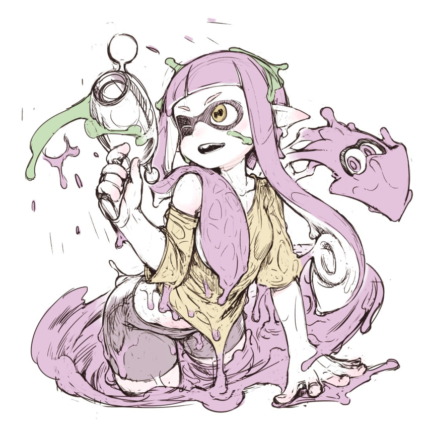 1girl, :d, bike_shorts, blush, cephalopod_eyes, cowboy_shot, domino_mask, gun