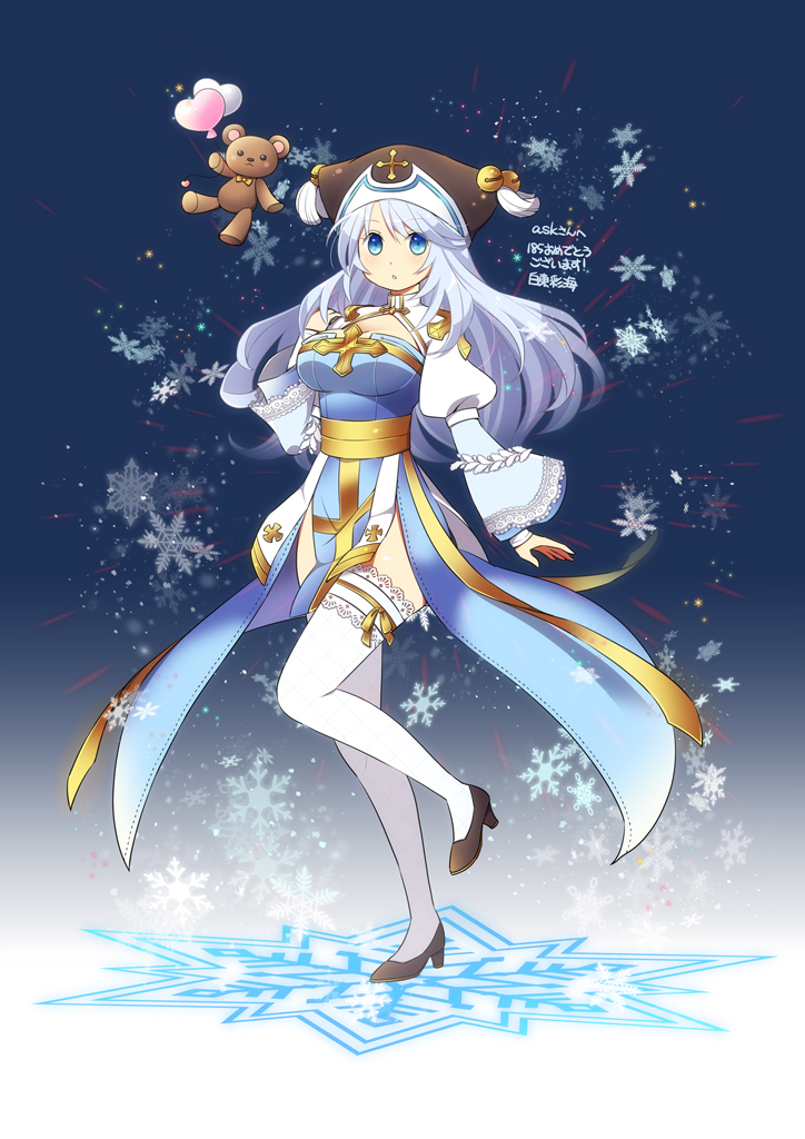 1girl, archbishop_(ragnarok_online), black_footwear, blue_dress, blue_eyes, blue_hair, blush, breasts, cleavage_cutout, clothing_cutout, commentary_request, commission, dress, eyebrows_visible_through_hair, full_body, heart_balloon, high_heels, long_hair, looking_at_viewer, medium_breasts, open_mouth, ragnarok_online, sash, shiny, shiny_skin, shiraazuma, skeb_commission, snowflakes, solo, standing, standing_on_one_leg, stuffed_animal, stuffed_toy, teddy_bear, thigh-highs, translation_request, two-tone_dress, white_dress, white_legwear, yellow_sash