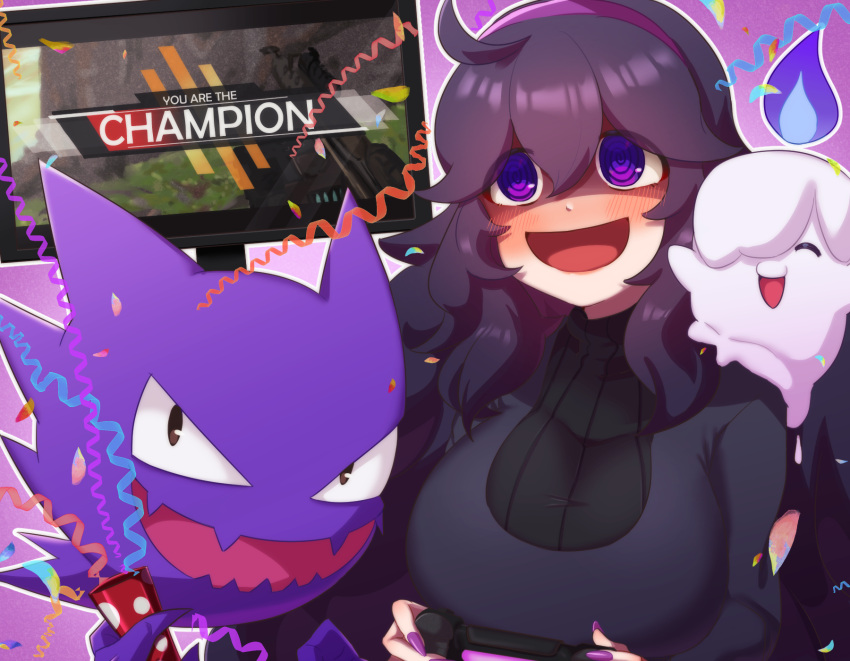 1girl, :d, @_@, ahoge, apex_legends, bangs, black_dress, blush, breasts, commentary_request, dress, gen_1_pokemon, gen_5_pokemon, hair_between_eyes, hairband, haunter, hex_maniac_(pokemon), highres, litwick, long_hair, nail_polish, npc_trainer, open_mouth, outline, party_popper, playing_games, pokemon, pokemon_(creature), pokemon_(game), pokemon_xy, purple_hair, purple_hairband, purple_nails, shiny, shiny_hair, smile, television, ushiroki, violet_eyes