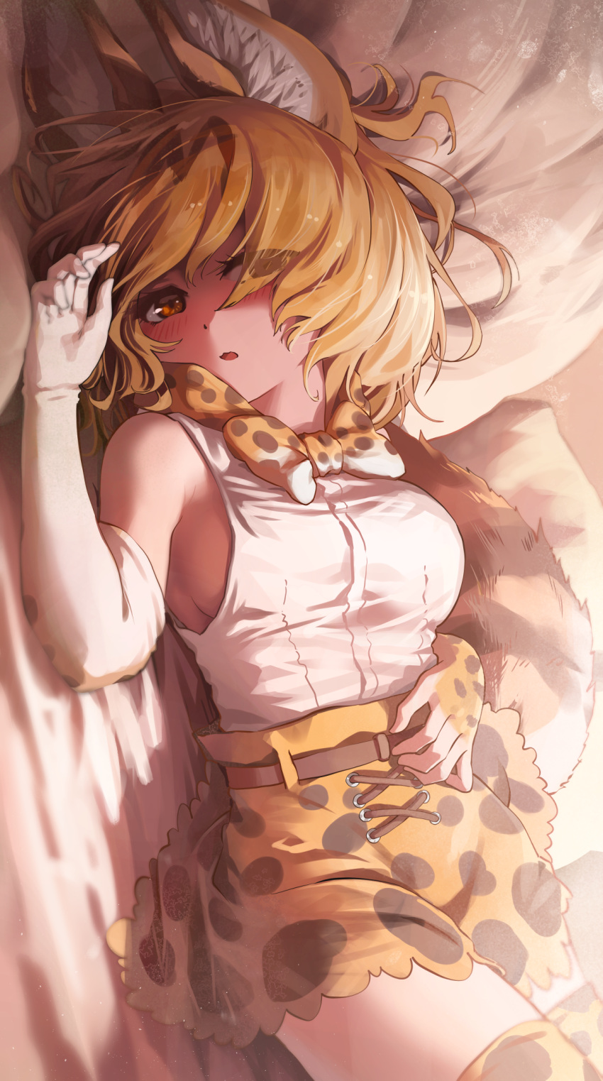 1girl, animal_ears, blonde_hair, bow, breasts, elbow_gloves, gloves, high-waist_skirt