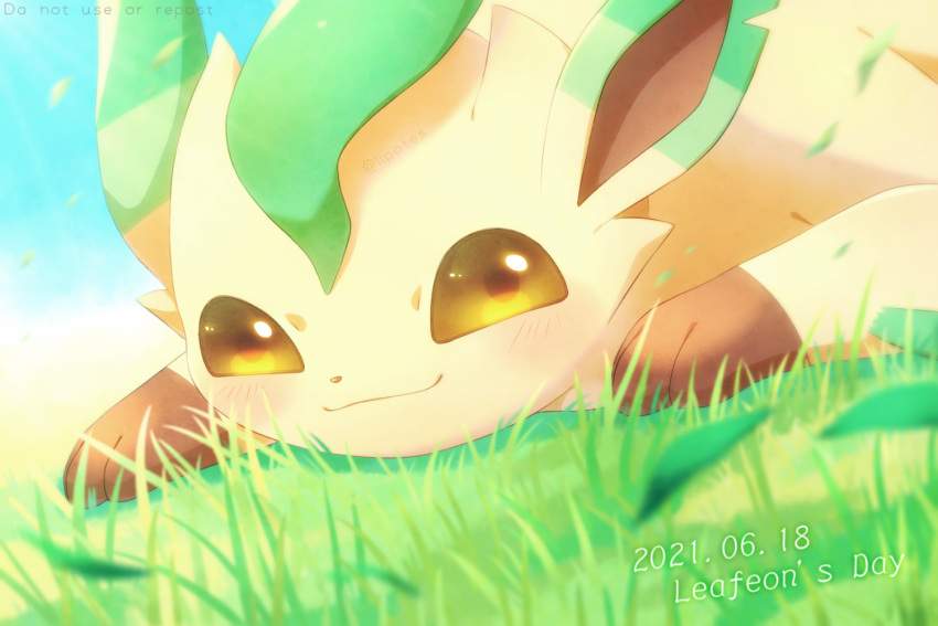 alopias, blush, brown_eyes, character_name, closed_mouth, commentary, dated, day, gen_4_pokemon, grass, leafeon, leaves_in_wind, looking_at_viewer, no_humans, outdoors, paws, pokemon, pokemon_(creature), smile, solo, toes