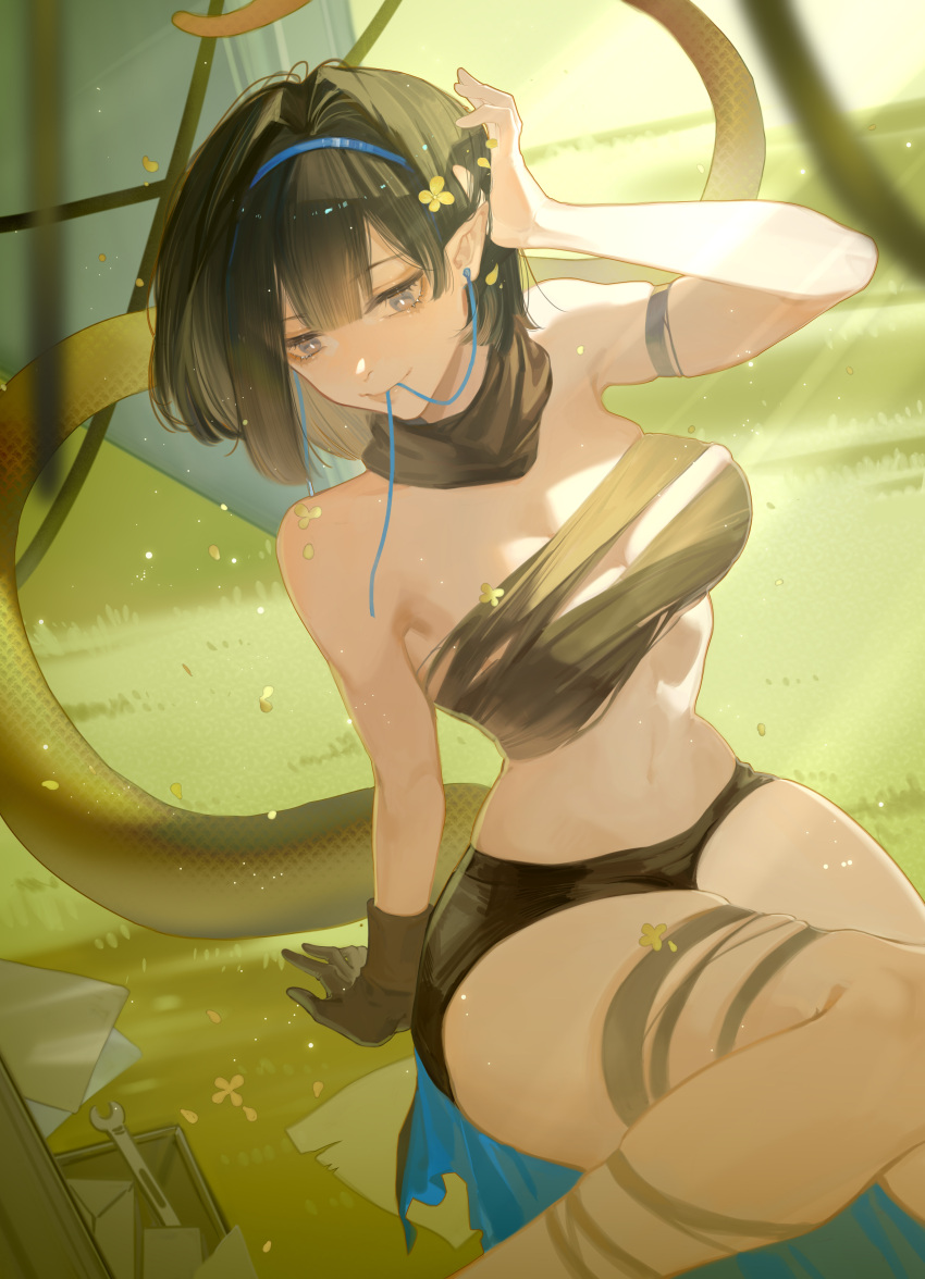 1girl, absurdres, arknights, arm_strap, arm_support, bandeau, bangs, bare_arms, bare_shoulders, black_gloves, black_hair, black_scarf, black_shorts, blue_eyes, blue_hairband, breasts, chongyou_pomelo, commentary_request, eunectes_(arknights), gloves, hairband, hand_up, highres, large_breasts, micro_shorts, midriff, navel, sarashi, scarf, short_hair, shorts, single_glove, sitting, smile, snake_tail, solo, stomach, strapless, tail, thighs, tubetop