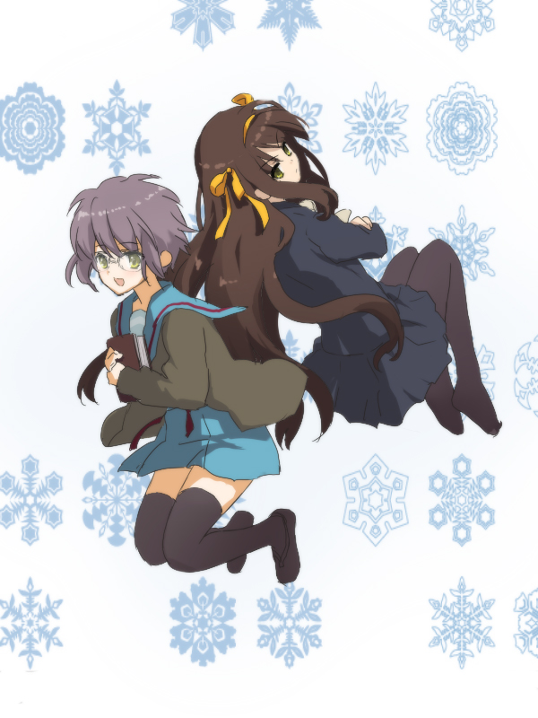 back_to_back, bad_id, brown_hair, glasses, grey_hair, hairband, long_hair, nagato_yuki, r_(sena007), school_uniform, short_hair, snowflakes, suzumiya_haruhi, suzumiya_haruhi_(shoushitsu), suzumiya_haruhi_no_shoushitsu, suzumiya_haruhi_no_yuuutsu, thigh-highs, thighhighs, yellow_eyes