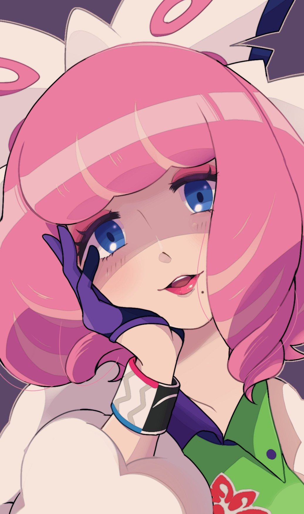 1girl, blue_eyes, buttons, collarbone, collared_shirt, commentary_request, dynamax_band, eyelashes