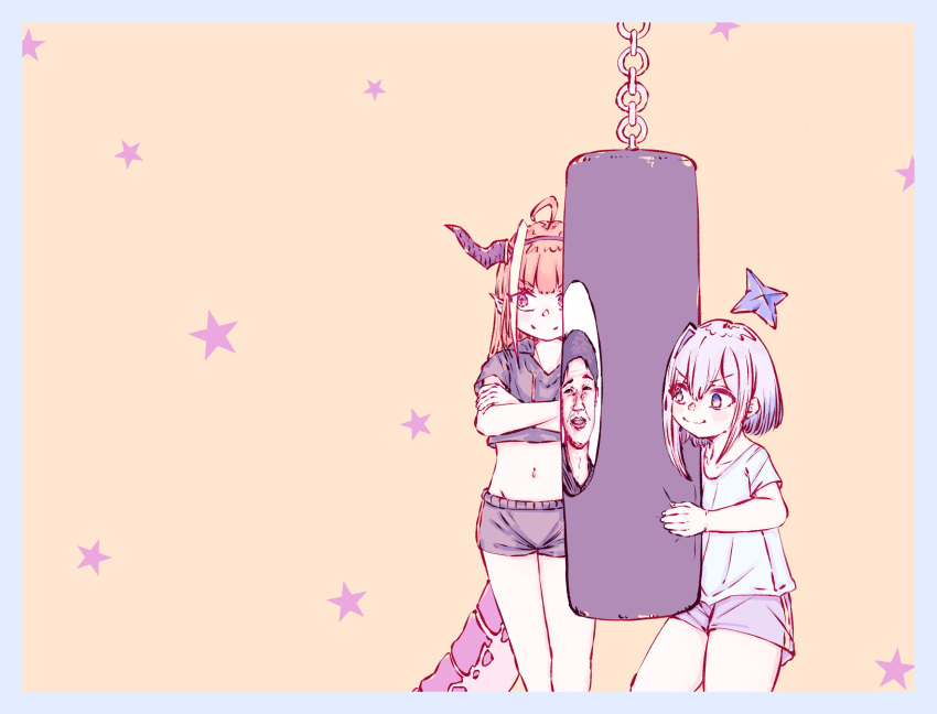 2girls, ahoge, amane_kanata, closed_mouth, dragon_girl, dragon_horns, dragon_tail, eyebrows_visible_through_hair