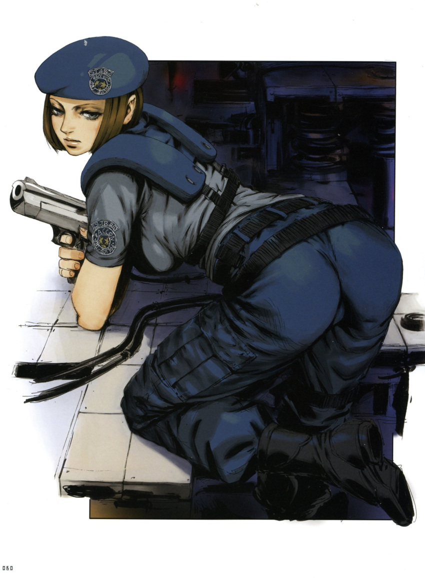 1girl, ass, belt, bent_over, beret, black_belt, black_footwear, black_gloves