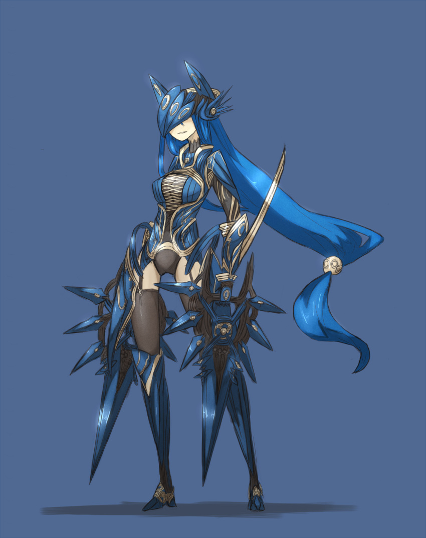black_legwear, blue_hair, breasts, garter_belt, garter_straps, gauntlets, greaves, helmet