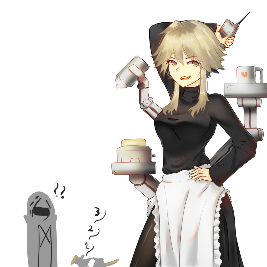 ahoge, alternate_costume, apron, arknights, black_sweater, blonde_hair, breasts, cake