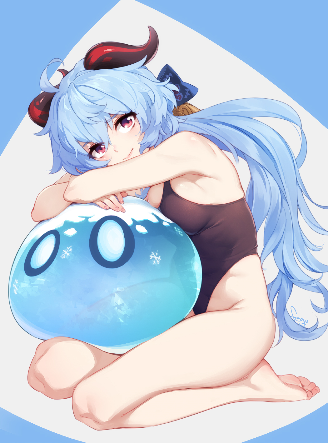 1girl, ahoge, bare_shoulders, barefoot, blue_hair, bow, breast_press, breasts