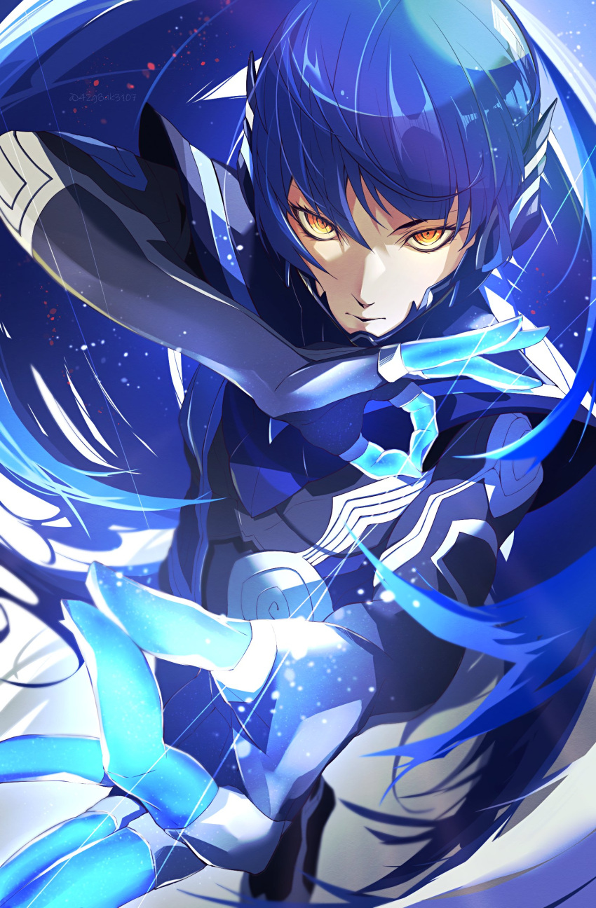 1boy, absurdres, androgynous, bangs, collarbone, eyelashes, highres, kiriko_(42g8ak3107), long_hair, looking_at_viewer, male_focus, otoko_no_ko, protagonist_(smtv), purple_hair, shin_megami_tensei, shin_megami_tensei_v, simple_background, solo, yellow_eyes