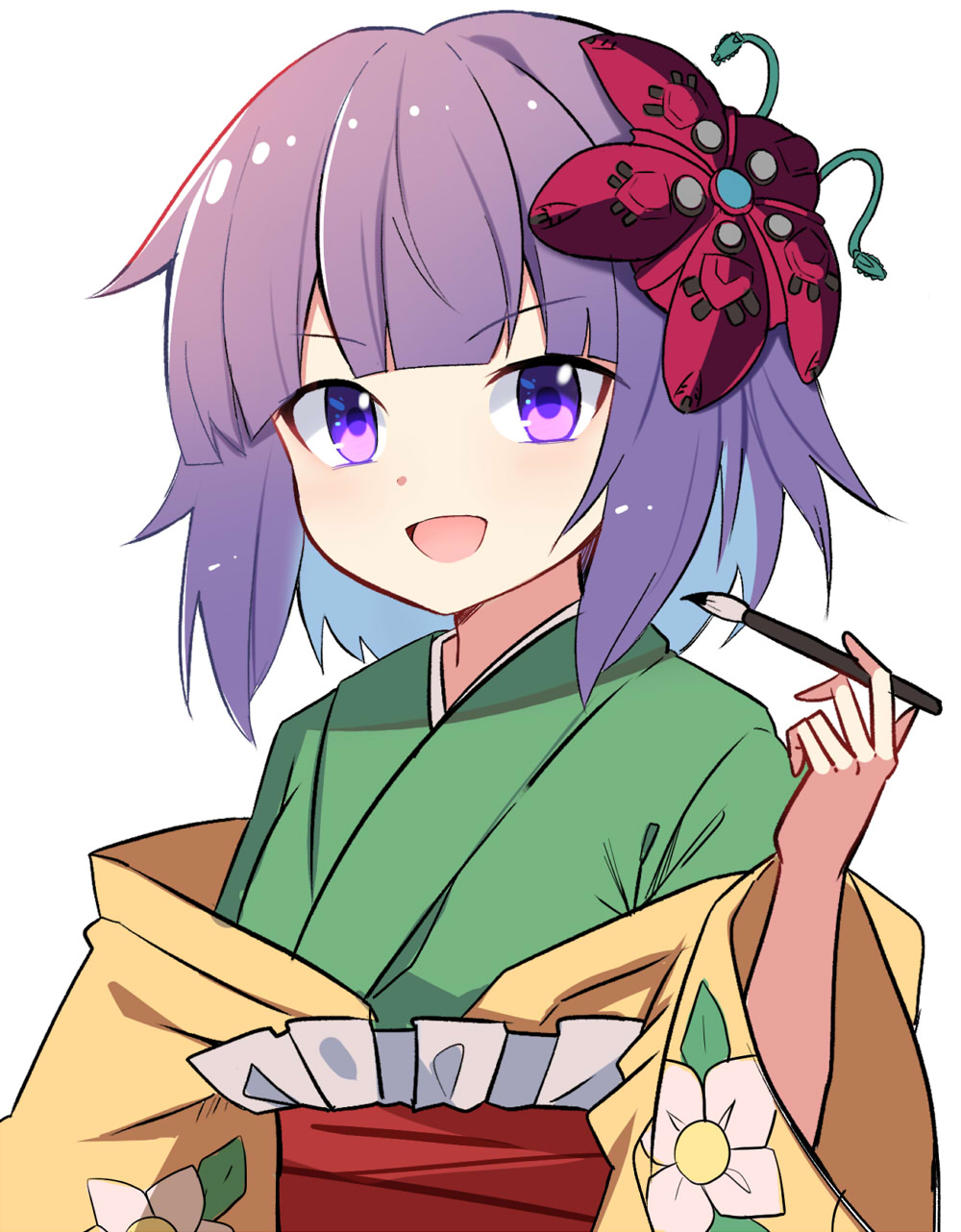 1girl, bangs, belt, brush, e.o., eyebrows_visible_through_hair, flower, green_kimono, hair_flower, hair_ornament, hand_up, hieda_no_akyuu, highres, jacket, japanese_clothes, kimono, long_sleeves, looking_at_viewer, open_mouth, purple_hair, rafflesia_(gundam), red_belt, red_flower, short_hair, simple_background, smile, snake, solo, touhou, violet_eyes, white_background, yellow_jacket, yellow_sleeves
