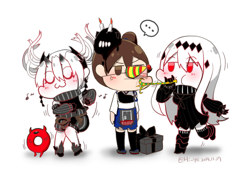 1other, 3girls, :3, abyssal_crane_princess, abyssal_ship, aircraft_carrier_water_oni, anger_vein, black_dress