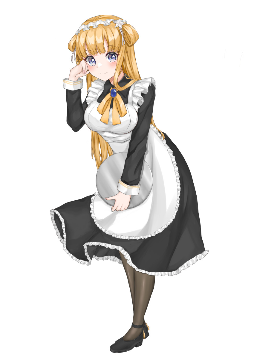1girl, absurdres, alternate_costume, apron, bangs, black_dress, black_footwear, black_legwear
