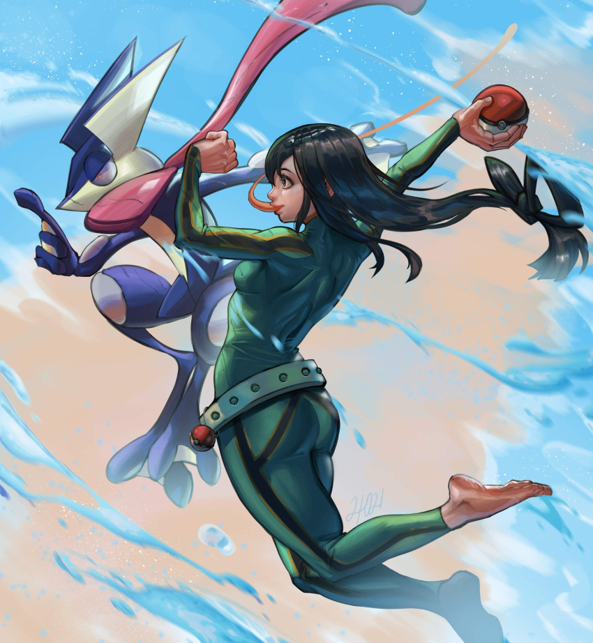 1girl, 1other, absurdres, artistntraining, ass, asui_tsuyu, barefoot, belt