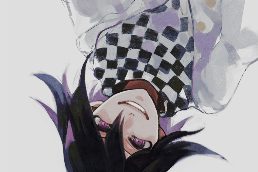 1boy, bangs, black_hair, chachi_(azuzu), checkered, checkered_scarf, commentary_request, dangan_ronpa_(series)