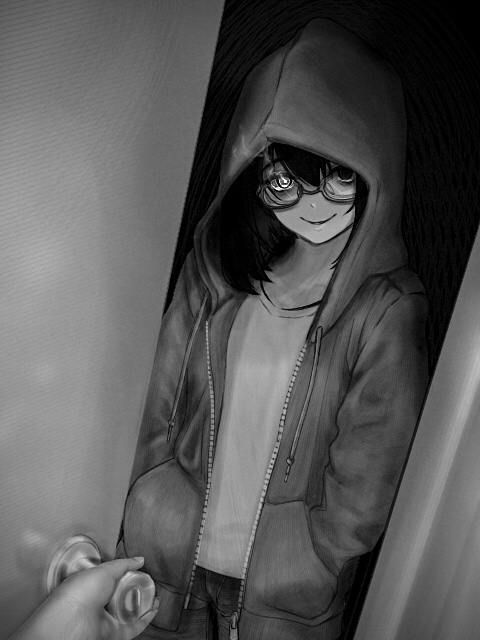 empty_eyes, evil_grin, evil_smile, greyscale, grin, hand_in_pocket, heterochromia, hood