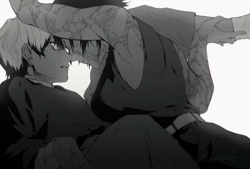 1boy, 1girl, anger_vein, angry, burn_scar, cousins, earrings, greyscale, hakama, highres, japanese_clothes, jewelry, jujutsu_kaisen, leg_lift, monochrome, multicolored_hair, multiple_earrings, rzvuvm, scar, scar_on_arm, scar_on_cheek, scar_on_face, shirt, short_hair, sleeveless, sleeveless_shirt, spoilers, two-tone_hair, zen'in_maki, zen'in_naoya