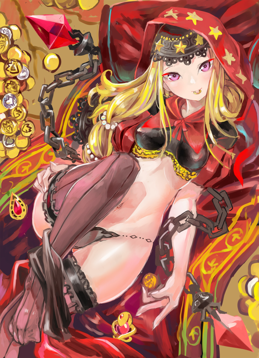 1girl, blonde_hair, breasts, chain, coin, highres, hood, hoodie
