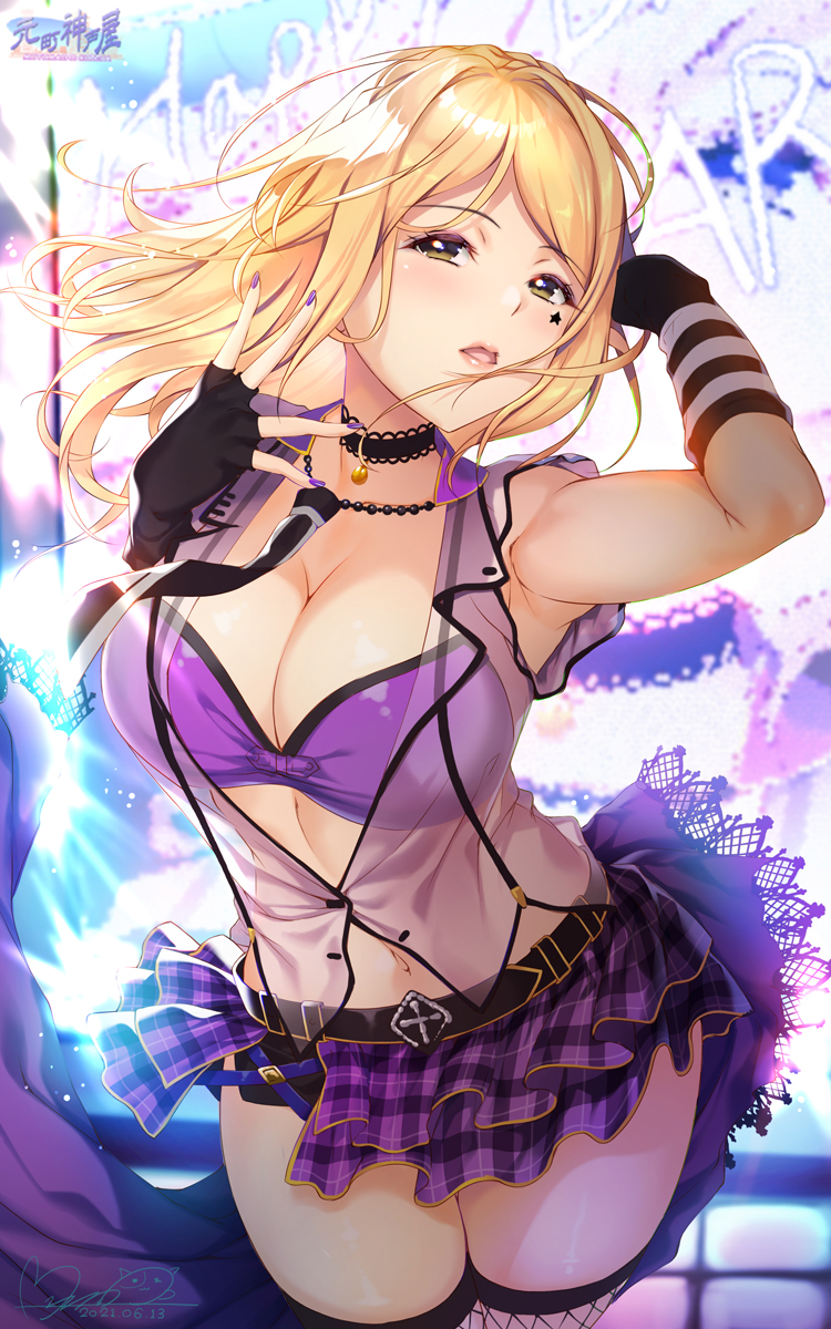 1girl, bangs, belt, birthday, black_belt, black_choker, blonde_hair, bra